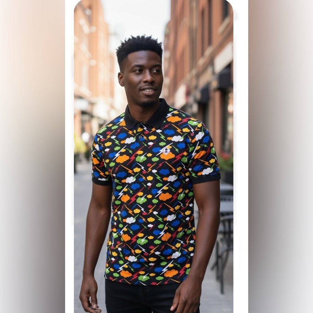 YO ME .Dynamic Black and Orange Polo Shirt with Geometric Pattern